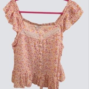 Lucky Brand Women's Floral Ruffled Button Front Lace Flare Bottom Top Size Large